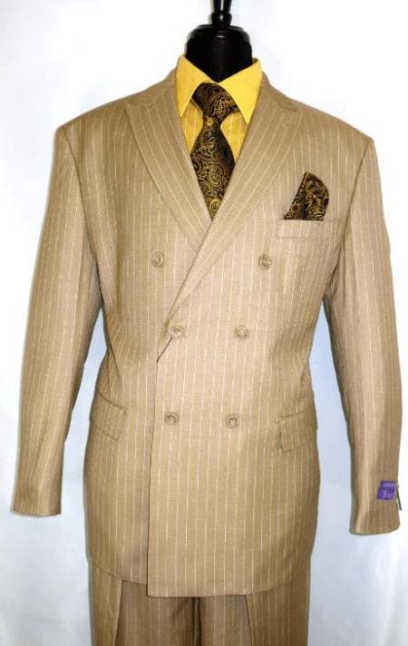 Double breasted Pinstripe Suit - Men's Double Breasted Suit Peak Lapel 2 Button Suit Camel Pin Stripe - AlbertoNardoniStore