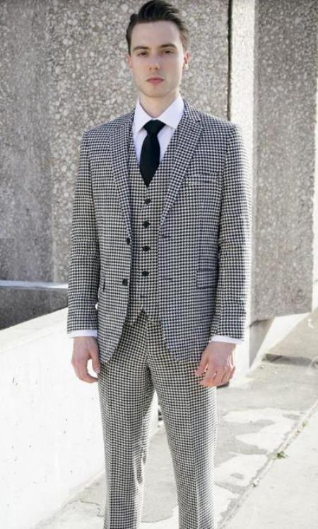 Men’s Black and White Houndstooth Checkered 3 Piece Suit, Gray Checkered Formal Wedding Business Suit Set