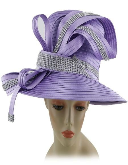 Pleated lilac hat with spiral ribbons and rhinestone-studded band. Large, structured design.
