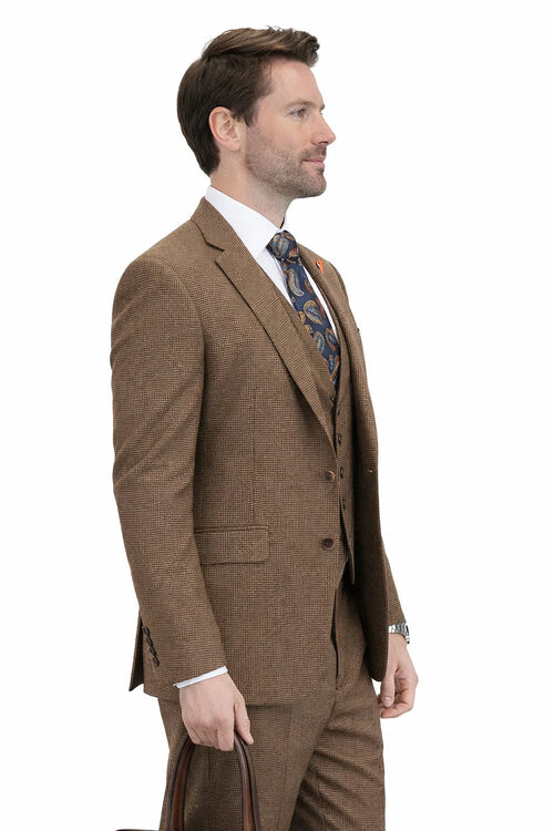 Men’s Copper Brown Micro Plaid Wool Suit – Designer Vintage Style with Vest