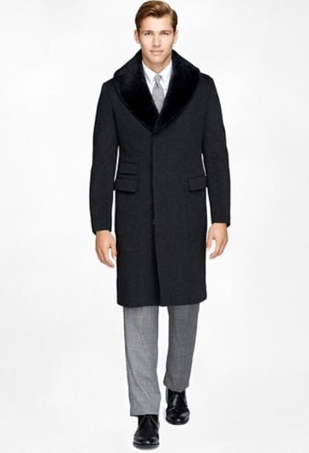 Fur Collar Men Overcoat Men's Peacoat Black