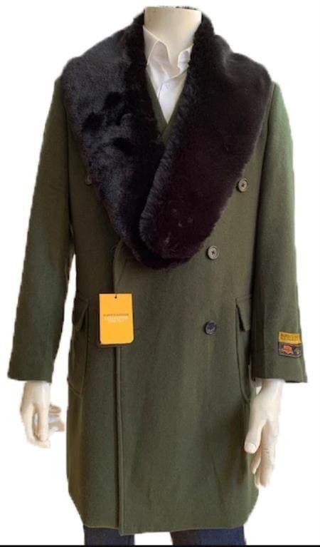 Olive Green Peacoat Double Breasted Three Quarter Overcoat And Cashmere Peacoat - Topcoat By Alberto Nardoni - AlbertoNardoniStore