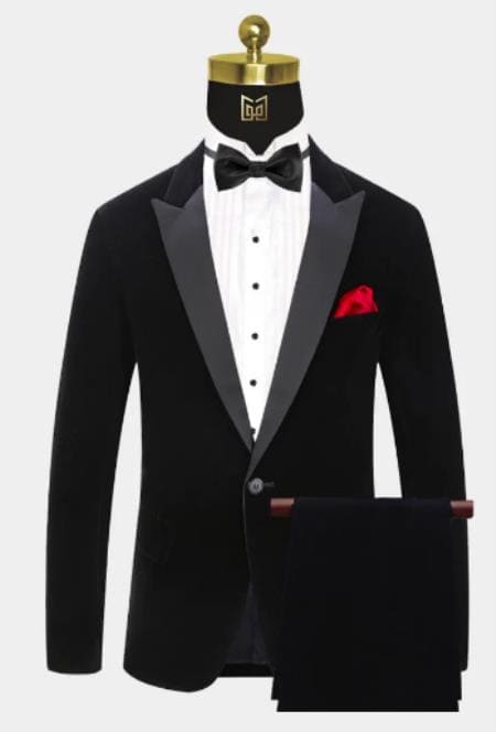 Men One Button Black Velvet Tuxedo Suit – 2 Piece