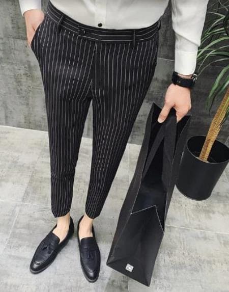 Mens Black Pinstripe Dress Pants - Stripe Slacks - Piano Print