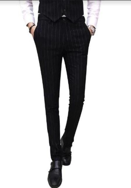 Mens Black Pinstripe Dress Pants - Stripe Slacks Belt Closure