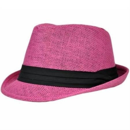Pink fedora hat with textured material, curved brim, and tapered crown. Features a black band around the base. Evokes Italian mafia style.
