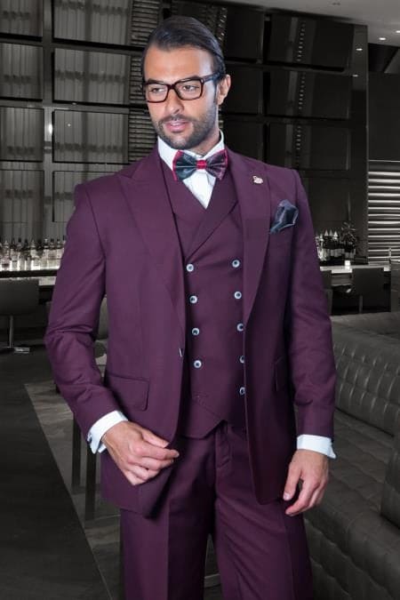 Mens One Button Notch Lapel Wide Leg Suit Burgundy