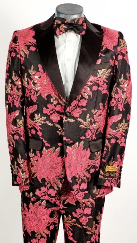 Mens 2 Button Hot Pink Fuschia & Black Floral Paisley Tuxedo