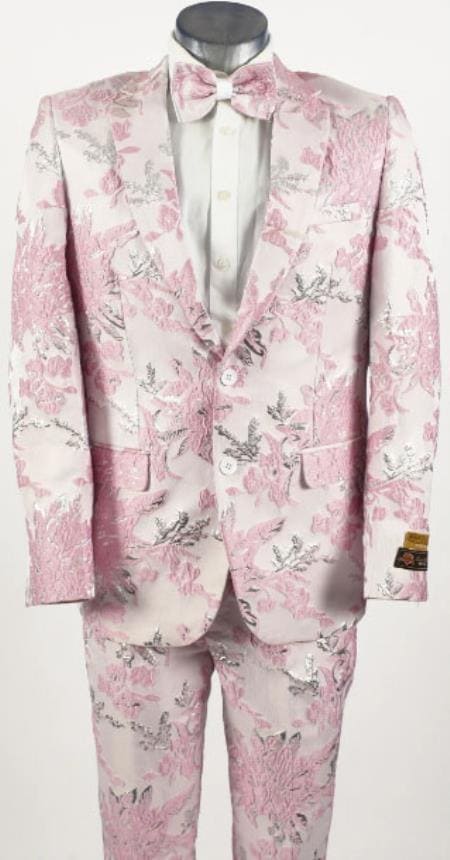 Mens 2 Button Pink, Silver, & White Floral Paisley Prom and Wedding Tuxedo Blazer