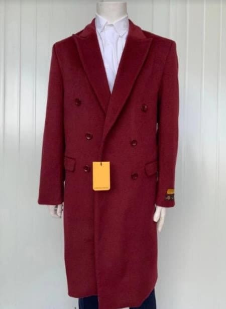 Mens Overcoat -Mens Long Wool Topcoats- Topcoat For Men-Mens Full Length And Cashmere Overcoat - Winter Topcoats - Burgundy Coat