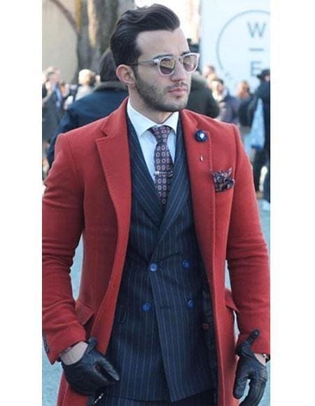 Red Trench Coat - Long Red Coat - Mens Red Peacoat - Mens Red Overcoat - Fabric - AlbertoNardoniStore