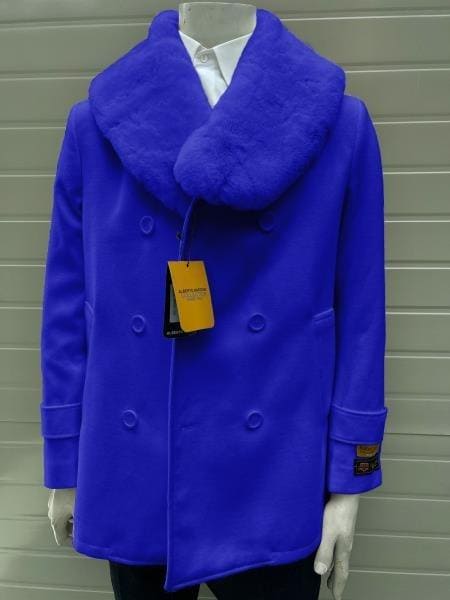 Mens Pea Coats With Fur Collar - Royal Blue Peacoats - AlbertoNardoniStore