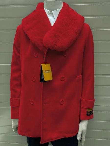 Mens Pea Coats With Fur Collar - Hot Red Peacoats - AlbertoNardoniStore