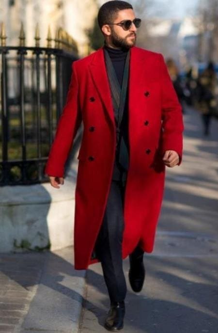 Mens Double Full Length Breasted Wool Coat Red Overcoat