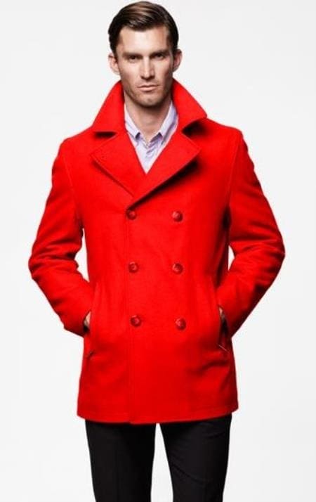 Mens Double Breasted Full Length Wool Coat Overcoat Red