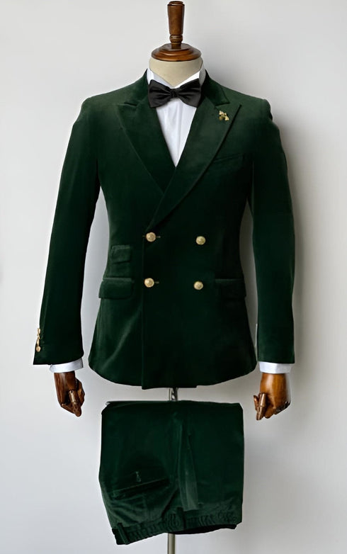 Mens Velvet Suit - Slim Fit Double Breasted Suit - Blazer And Pants Green