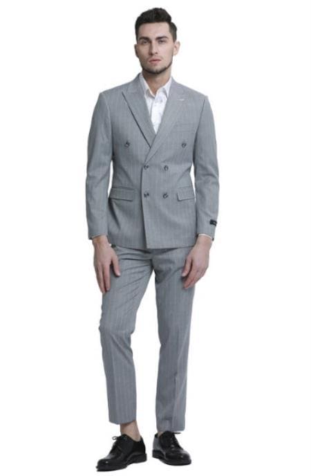 Double breasted Pinstripe Suit - Light Gray Double Breasted Suit - Grey Pinstripe Suit - AlbertoNardoniStore