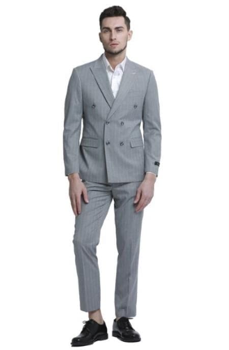 Light Gray Double Breasted Suit - Grey Pinstripe Suit