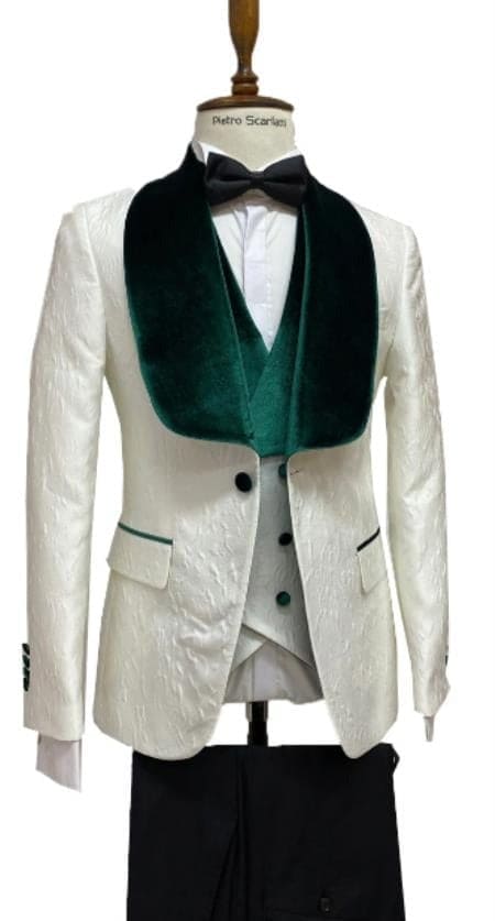 Ivory And Hunter Green Tuxedo Dinner Jacket Wide Velvet Groom Tuxedo Jacket - Prom Blazer