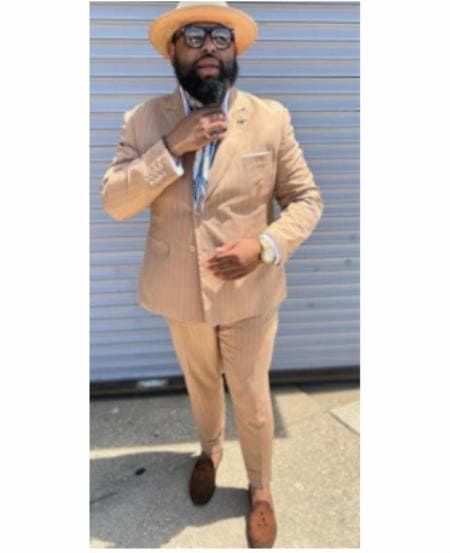 Double breasted Pinstripe Suit - Mens "Bronze - Tan Pinstripe - Camel" Double Breasted Pinstripe Suit - Flat Front Pants - AlbertoNardoniStore