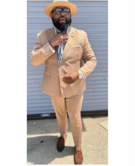 Mens "Bronze - Tan Pinstripe - Camel" Double Breasted Pinstripe Suit - Flat Front Pants