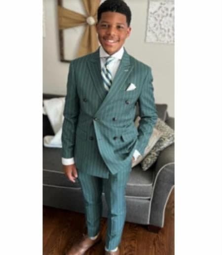 Mens "Hunter Green - Olive Green" Double Breasted Pinstripe Suit - Flat Front Pants