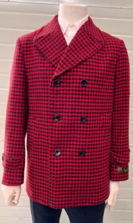 Mens Red Peacoat - Houndstooth Red And Black Pattern Car Coat - AlbertoNardoniStore