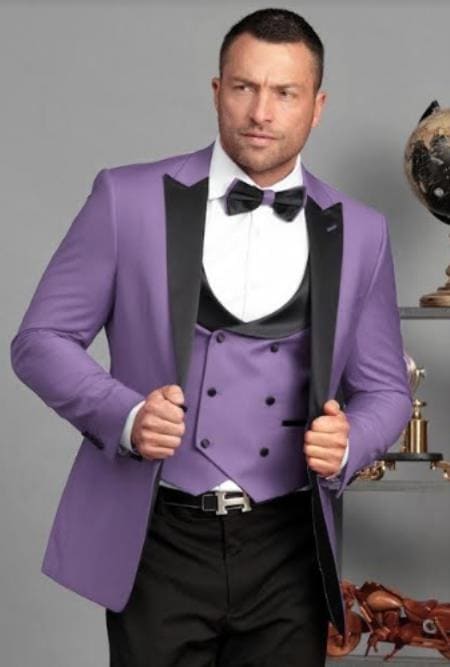 Mens 1 Button Lavender Tuxedo - Peak Lapel With Double Breasted Vest