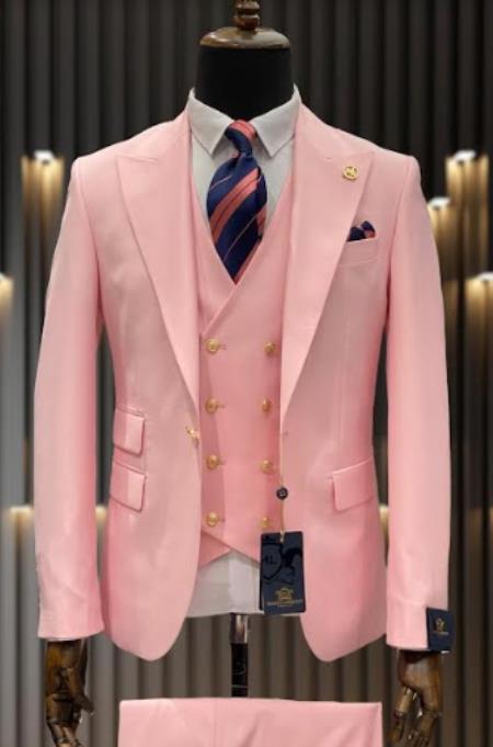 Rossiman Men's Pink Suit â€“ 1-Button Peak Lapel Jacket & Double-Breasted Vest