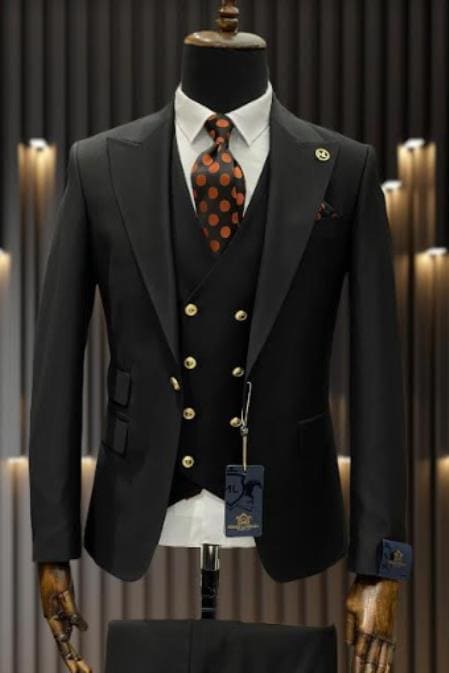 Rossiman Black Suit for Men â€“ Classic 1-Button Peak Lapel Jacket & Double-Breasted Vest