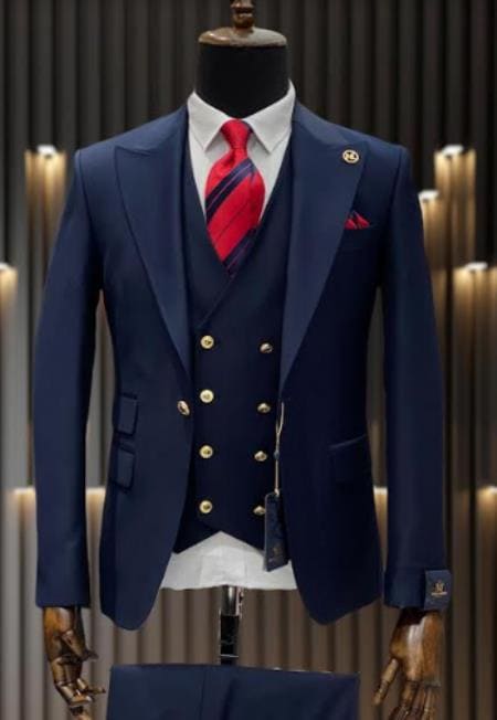 Rossiman Navy Blue Suit for Men â€“ Classic 1-Button Peak Lapel Jacket & Double-Breasted Vest