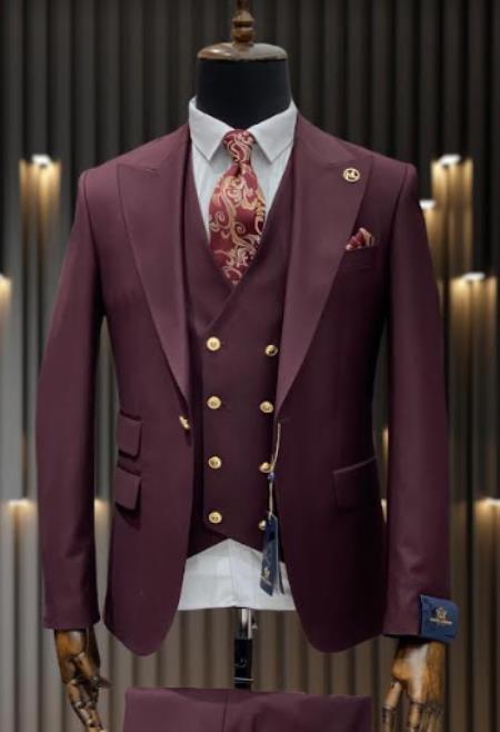Rossiman Burgundy Suit for Men â€“ Peak Lapel 1-Button Jacket & Double-Breasted Vest