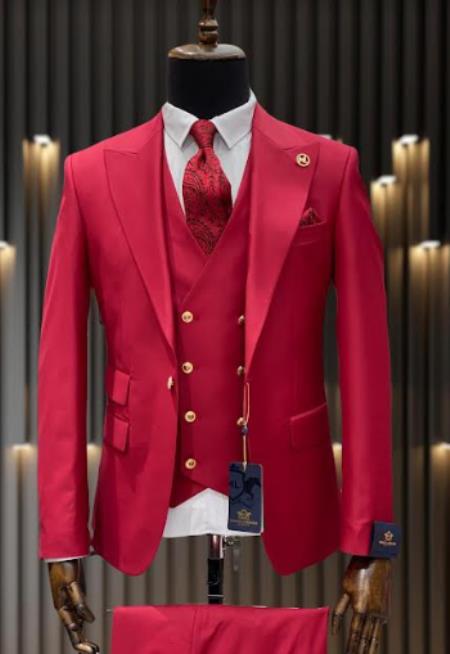 Rossiman Men's Red Suit – Stylish 1-Button Peak Lapel Jacket & Double-Breasted Vest