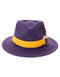 Purple felt fedora with a yellow band and a peaked crown. Includes a decorative feather. Classic design with a pop of color.
