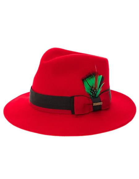 Red felt fedora with wide brim, black ribbon band & bow. Green & black feather on left side. Classic style, suitable for various occasions.

