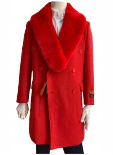 Red Mens Overcoat - Double Breasted Peacoat With Fur Collar - AlbertoNardoniStore