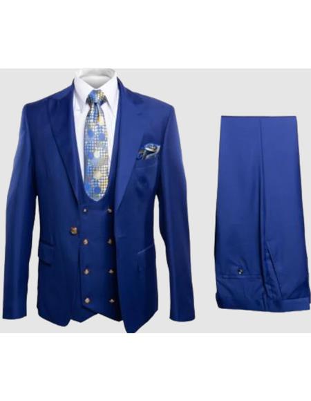 Rossiman Mens Royal Blue Slim Fit Suit - Sophisticated Double-Breasted Design