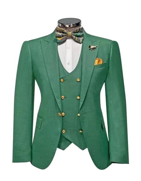 Mens Green Slim Fit Suit by Rossiman Stylish Double-Breasted Vest & Flat Front Pants