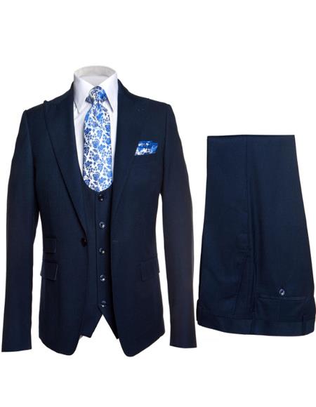 Rossiman Mens Formal Blue Suit - Slim Fit Design with Vest and Trousers