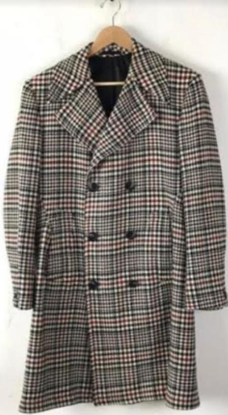 Mens Plaid Peacoat - Plaid Pattern Cream ~ Black ~ Red Coat - AlbertoNardoniStore