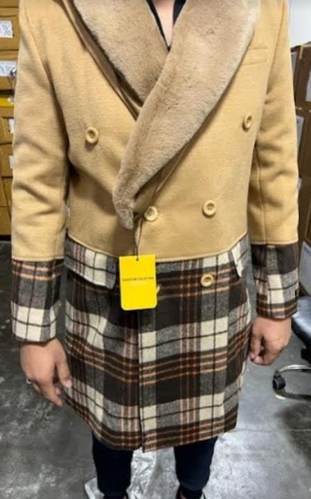 Mens Plaid Peacoat - Plaid Pattern Tan Coat - AlbertoNardoniStore