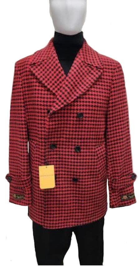 Mens Plaid Peacoat - Plaid Pattern Red Coat - AlbertoNardoniStore