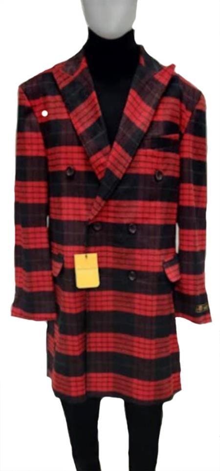 Mens Plaid Peacoat - Plaid Pattern Red ~ Black Coat - AlbertoNardoniStore