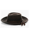 Dark brown Pachuco hat with wide, curved brim and flat crown. Made of soft, felt-like material with brown ribbon band.
