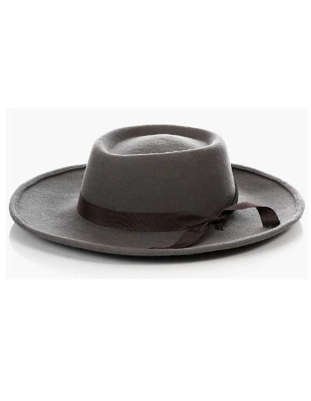 Dark brown felt pachuco hat. Wide, flat brim and cylindrical crown. Satin ribbon detail around the base.
