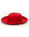 Red pachuco hat with a wide, flat brim and raised crown. Smooth felt fabric with a contrasting ribbon around the base. Clean, finished brim edges.
