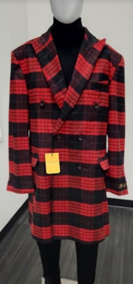 Mens Plaid Overcoat - Peacoat - Plaid Topcoats Red ~ Black