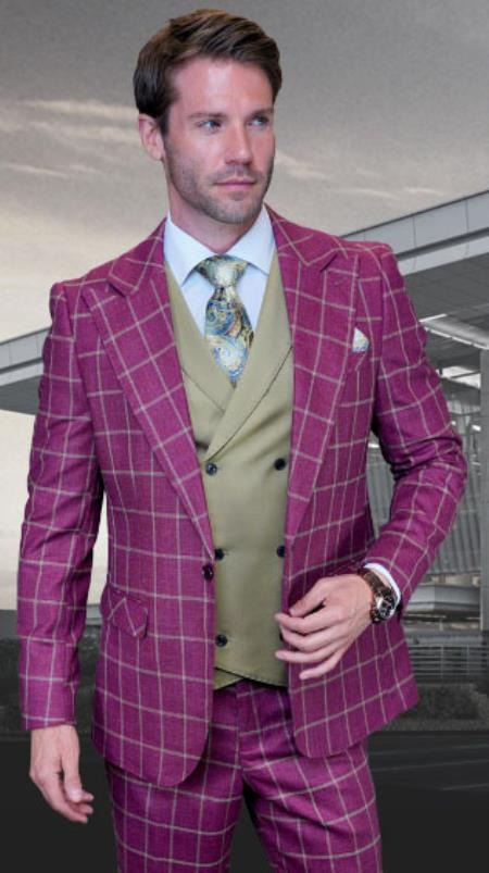 Mens 1 Button Modern Fit Suits Flat Front Pants Suit - Wine