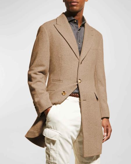 Mens Carcoat - Camel Three Quarter Peak Lapel Topcoat