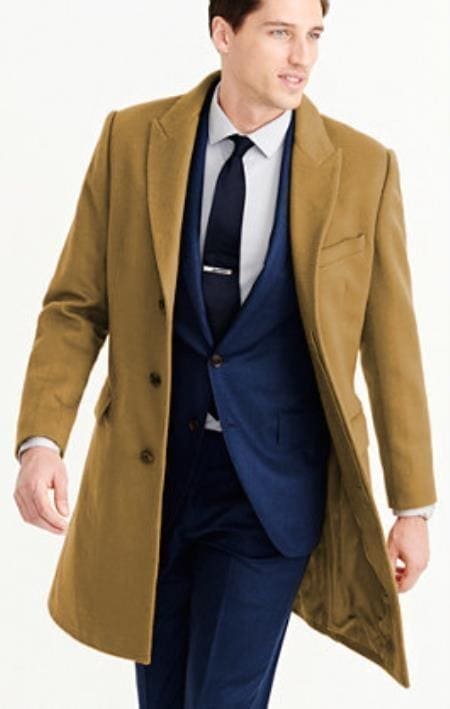 Mens Carcoat - Light Tan Three Quarter Peak Lapel Topcoat - AlbertoNardoniStore